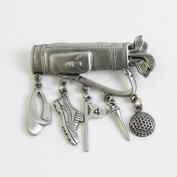 Vintage JJ Golf Bag With Charms Pewter Brooch Signed
