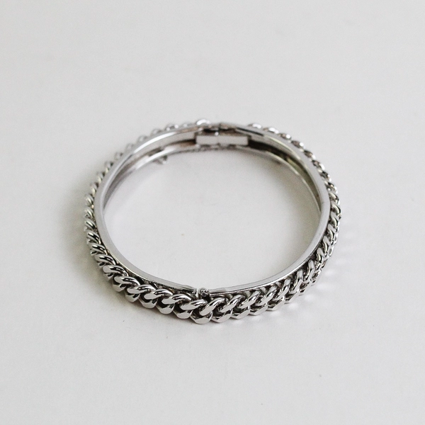 2.5" Silver Tone Bangle Bracelet W/ Chain Motif Push Closure With Chain