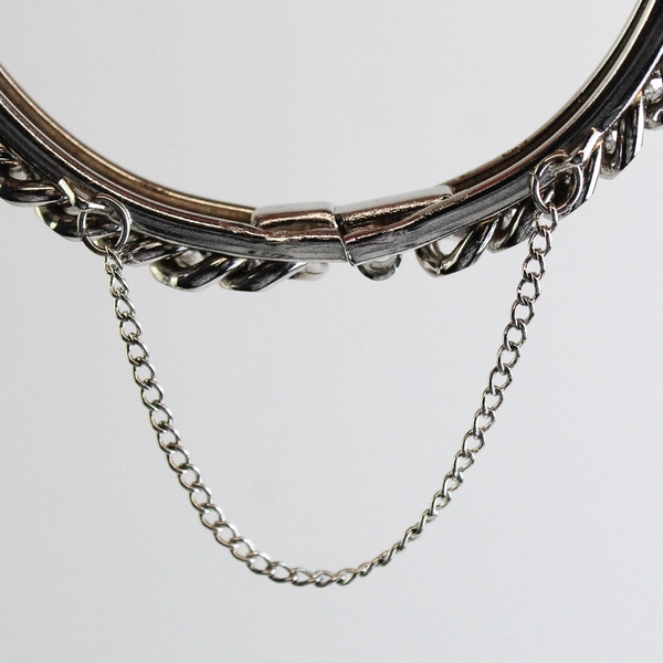 2.5" Silver Tone Bangle Bracelet W/ Chain Motif Push Closure With Chain