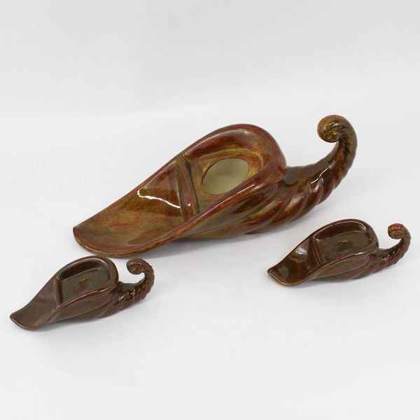 Vtg Handmade Cornucopia Pottery Vase With Two Taper Candle Holders