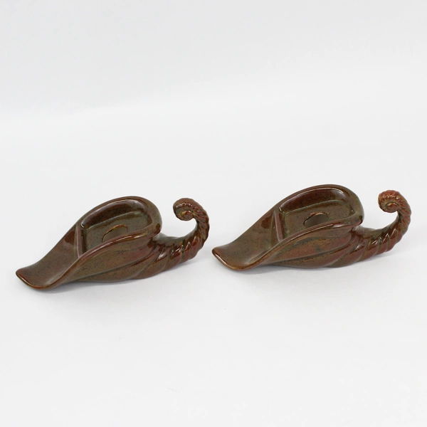 Vtg Handmade Cornucopia Pottery Vase With Two Taper Candle Holders