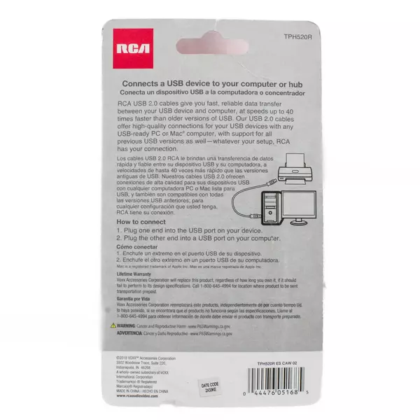 RCA USB 2.0 A to B Cable 6ft TPH520R