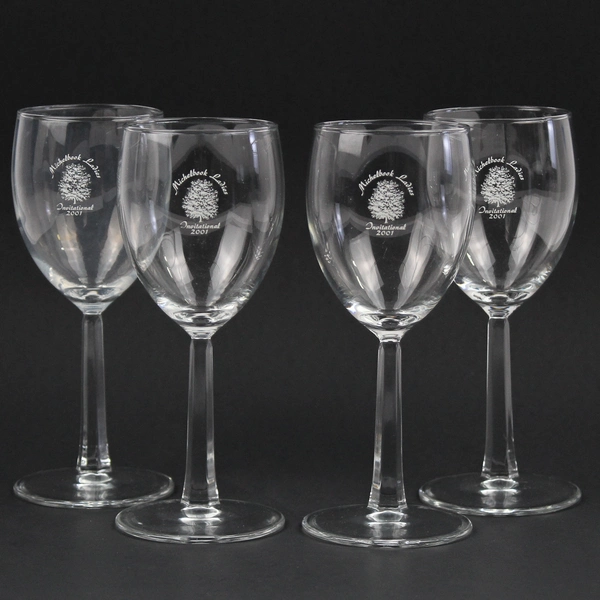 Four 'Michelbook Ladies Invitational 2001' Print Clear Wine Glasses 6.75" Tall