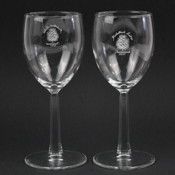 Four 'Michelbook Ladies Invitational 2001' Print Clear Wine Glasses 6.75" Tall