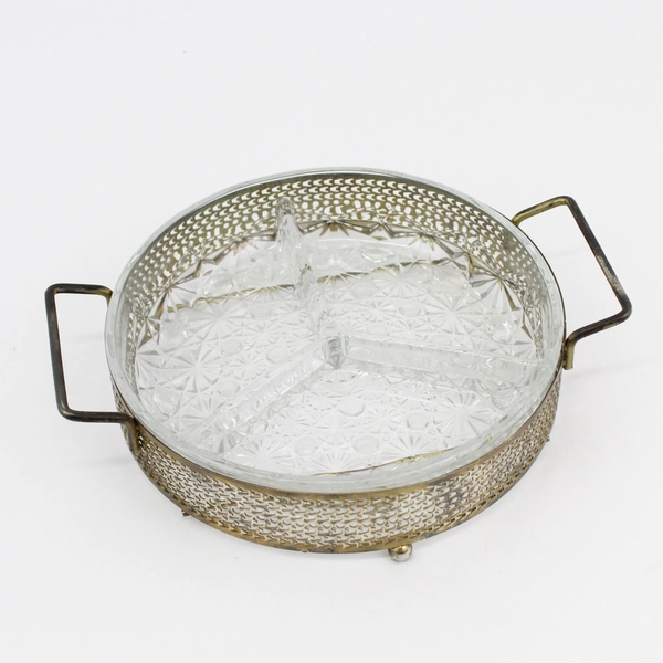 Vintage 3 Section Daisy & Button Glass Relish Dish w Silver Plate Caddy France