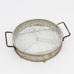 Vintage 3 Section Daisy & Button Glass Relish Dish w Silver Plate Caddy France