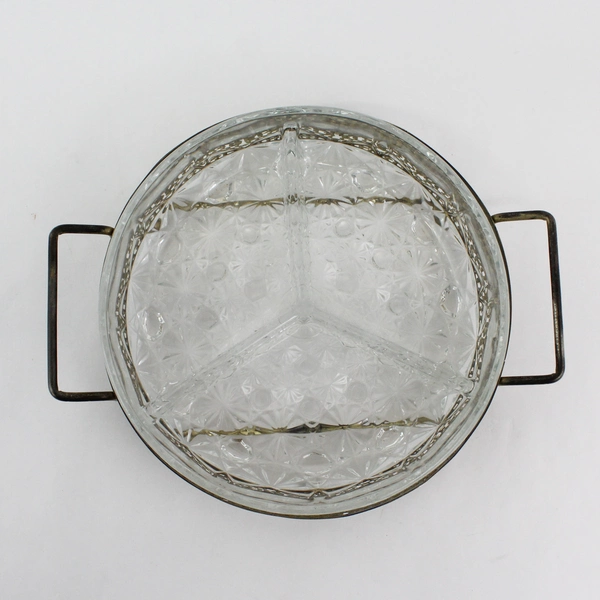 Vintage 3 Section Daisy & Button Glass Relish Dish w Silver Plate Caddy France
