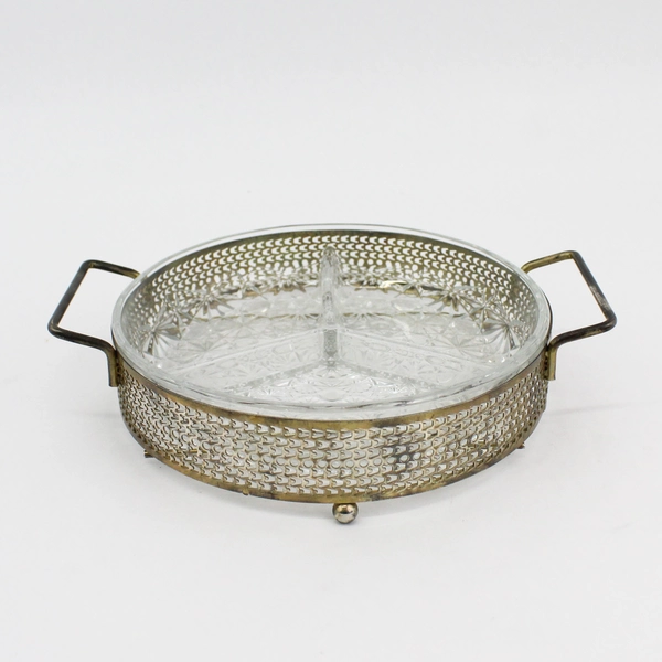 Vintage 3 Section Daisy & Button Glass Relish Dish w Silver Plate Caddy France