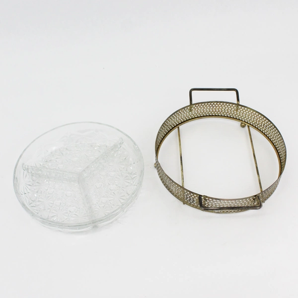 Vintage 3 Section Daisy & Button Glass Relish Dish w Silver Plate Caddy France