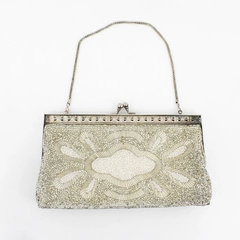 Vintage Silver White Beaded Clutch Purse Evening Bag With Chain Strap