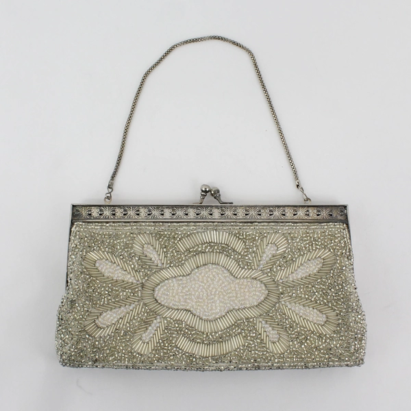 Vintage Silver White Beaded Clutch Purse Evening Bag With Chain Strap