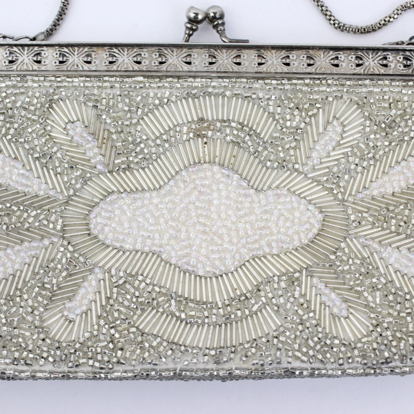 Vintage Silver White Beaded Clutch Purse Evening Bag With Chain Strap