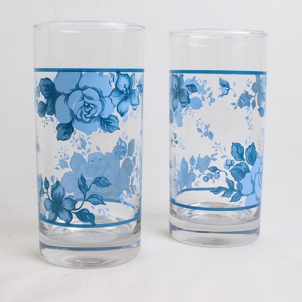 Lot Of 4 Corelle Blue Velvet Patterned 16 Oz Glassware Tumbler 6.25" Tall