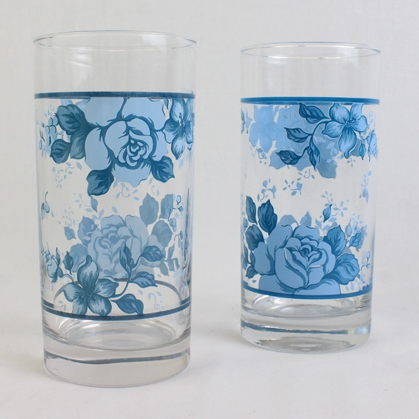 Lot Of 4 Corelle Blue Velvet Patterned 16 Oz Glassware Tumbler 6.25" Tall