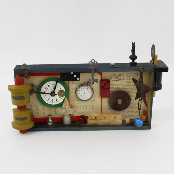 Nancy Watkins Junk Art Clock Sculpture Mixed-Media Assemblage 16in Folk Art