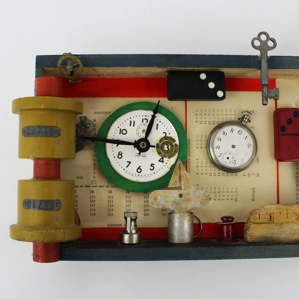 Nancy Watkins Junk Art Clock Sculpture Mixed-Media Assemblage 16in Folk Art