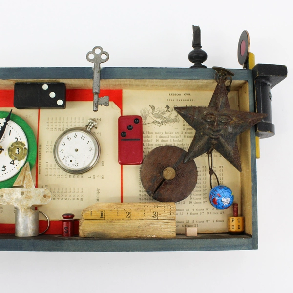Nancy Watkins Junk Art Clock Sculpture Mixed-Media Assemblage 16in Folk Art