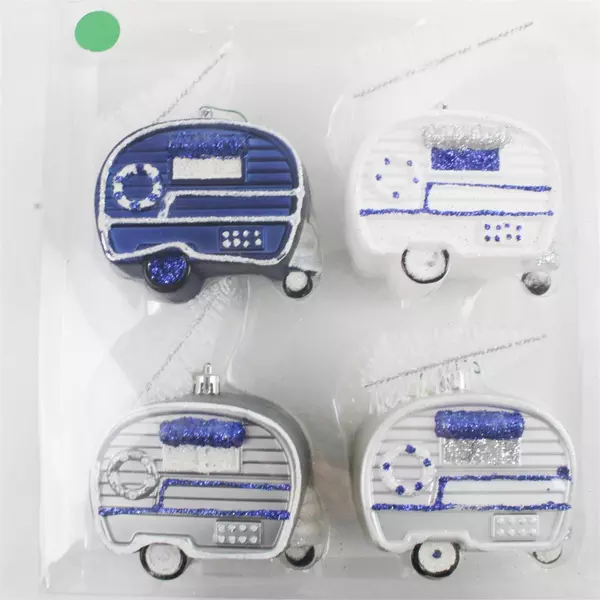 Holiday Home Camper Trailer Christmas Ornaments Set of 4 Blue & White Vintage