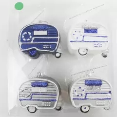 Holiday Home Camper Trailer Christmas Ornaments Set of 4 Blue & White Vintage