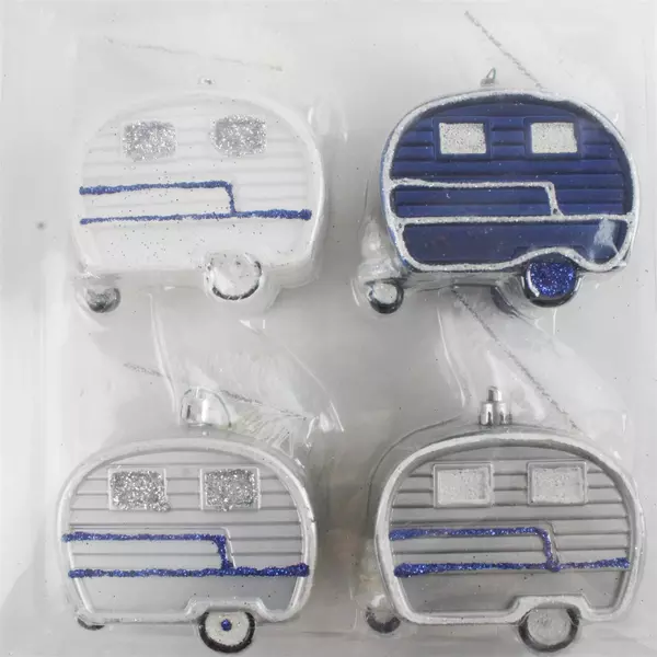Holiday Home Camper Trailer Christmas Ornaments Set of 4 Blue & White Vintage