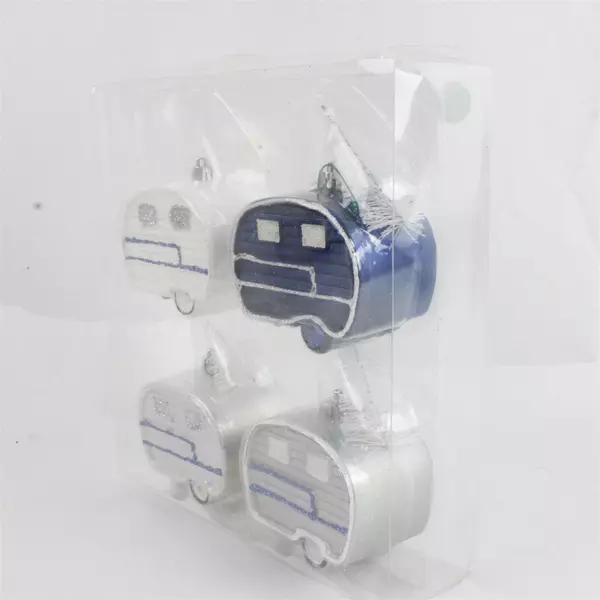 Holiday Home Camper Trailer Christmas Ornaments Set of 4 Blue & White Vintage