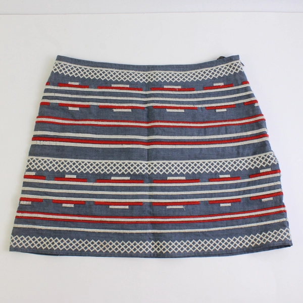 THML Women's XS Gray, White, and Red Embroidered Striped Mini Skirt