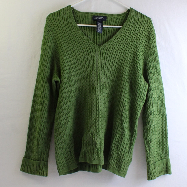 Jones New York Signature Women's XL Green Cable Knit V-Neck Sweater