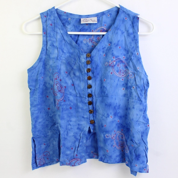 La Luna Loca Women's S Blue Tie Dye Button-Up Tank Top