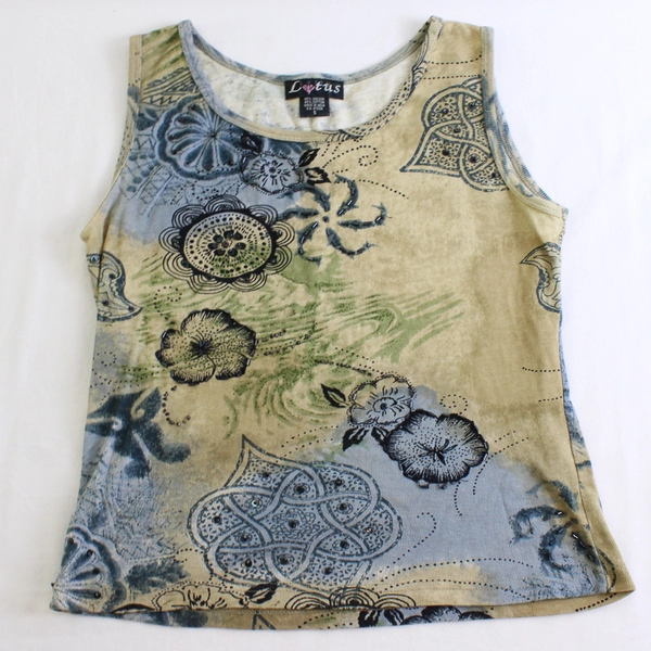 Lotus Women's S Blue and Green Tie Dye Beaded Floral Tank Top