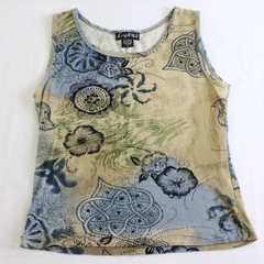 Lotus Women's S Blue and Green Tie Dye Beaded Floral Tank Top