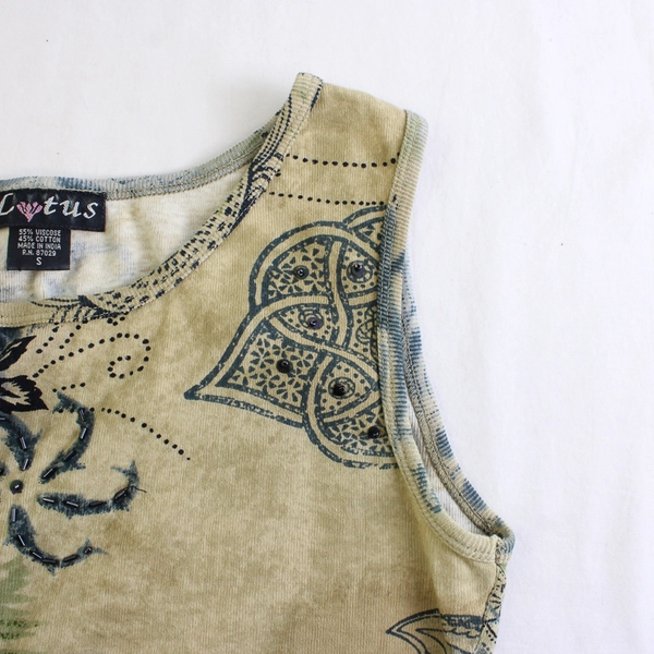 Lotus Women's S Blue and Green Tie Dye Beaded Floral Tank Top