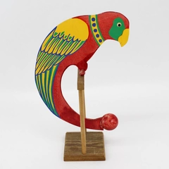 1981 R.S. Gonin Folk Art Balancing Parrot Wooden Toy 14” Tall on Stand