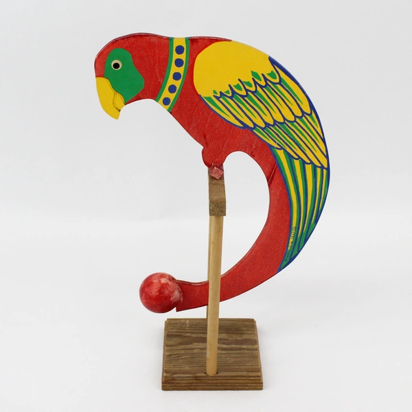 1981 R.S. Gonin Folk Art Balancing Parrot Wooden Toy 14” Tall on Stand