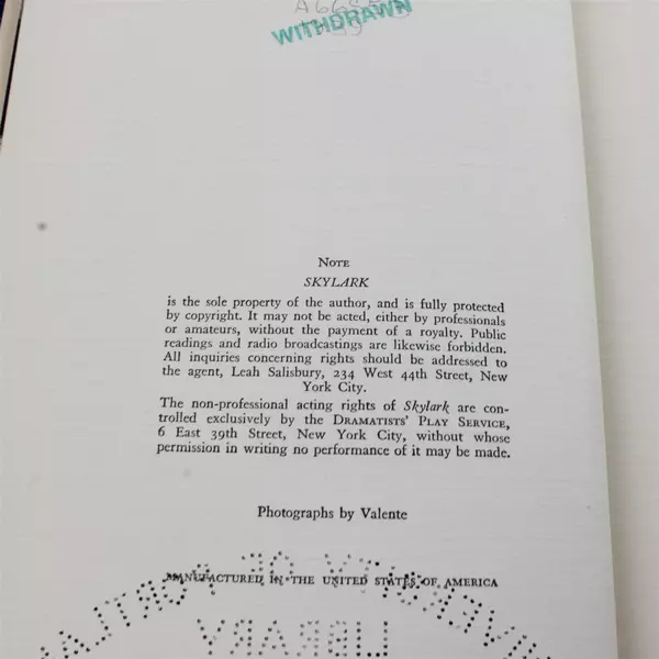 Skylark by Samson Raphaelson 1939 First Edition Former Library Copy