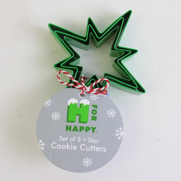 Set Of 3 H For Happy Green Metal 8 Point Star Cookie Cutters 4.5" Long
