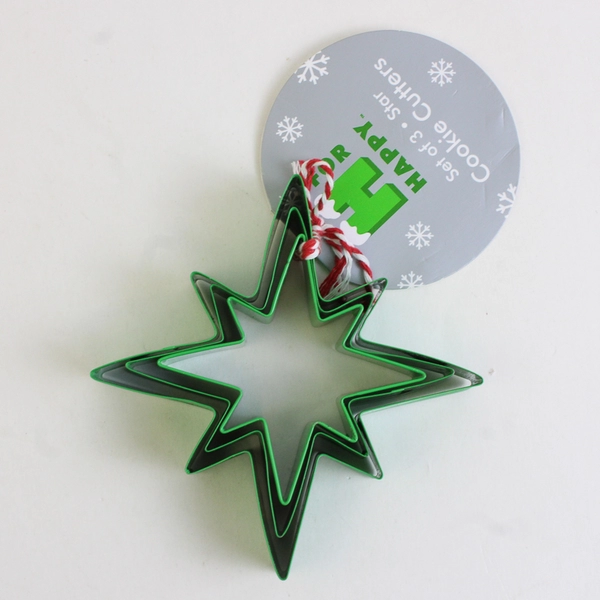 Set Of 3 H For Happy Green Metal 8 Point Star Cookie Cutters 4.5" Long