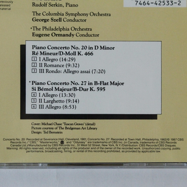 Mozart Piano Concertos 20 & 27 CD Serkin Szell Pre-Owned Music Album