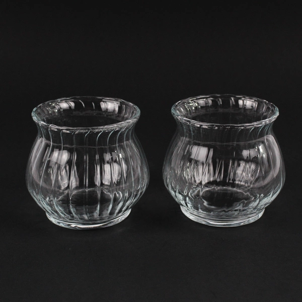 Lot Of 2 Matching Unbranded Clear Glass Votive Candle Holders Striped 3" Tall