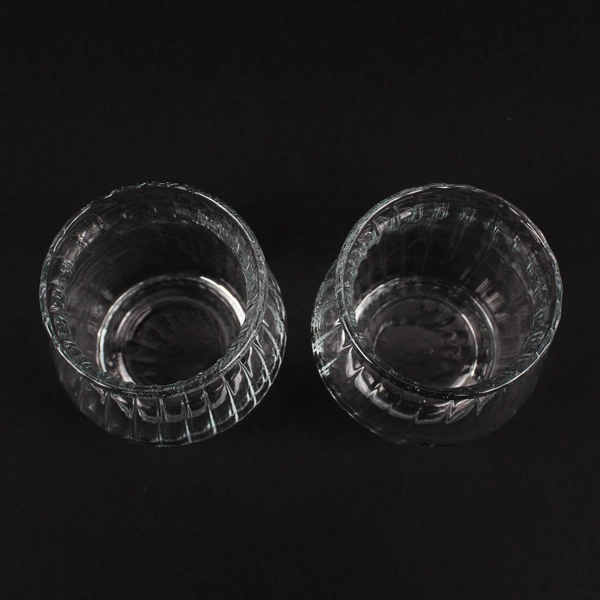 Lot Of 2 Matching Unbranded Clear Glass Votive Candle Holders Striped 3" Tall