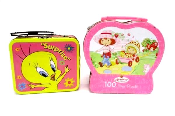Lot of 2 Pink Metal Lunchbox Tin Strawberry Shortcake and Tweety Bird Surprise