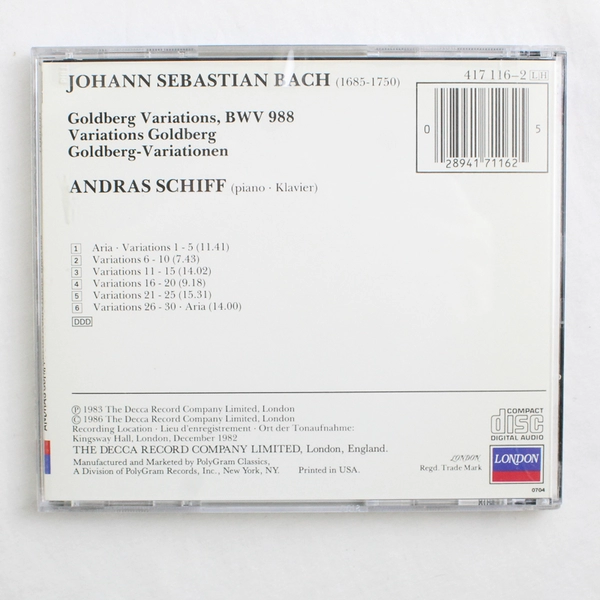 Bach Goldberg Variations BWV 988 CD Andras Schiff 417-116-2 London 1983