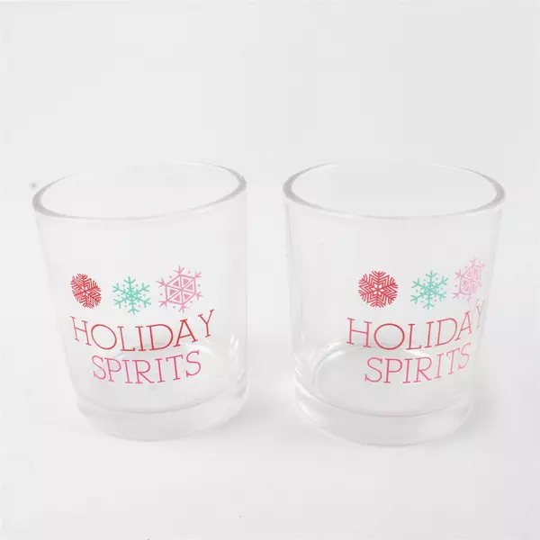 2 Rocks Cocktail Glasses "Holiday Spirits" in Red & Green Font by IQ Accessories