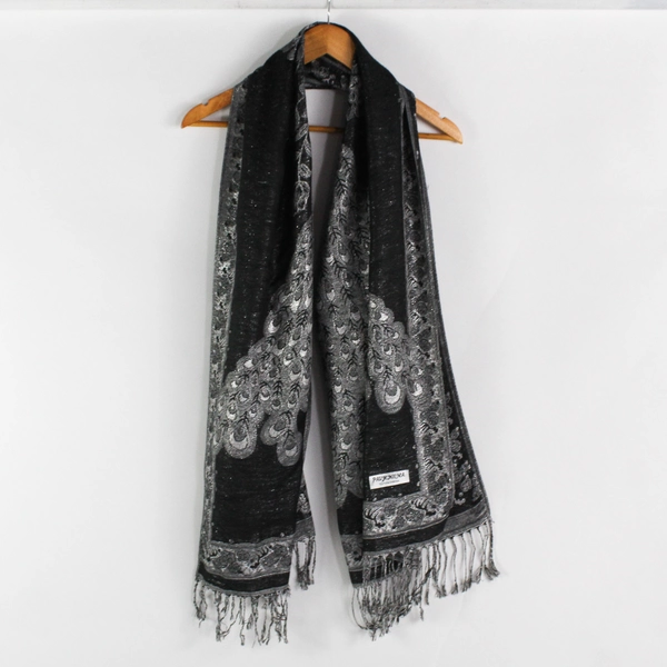 100% Pashmina Peacock Design Scarf Black and Shiny Gray with Fringe 28" by 72"