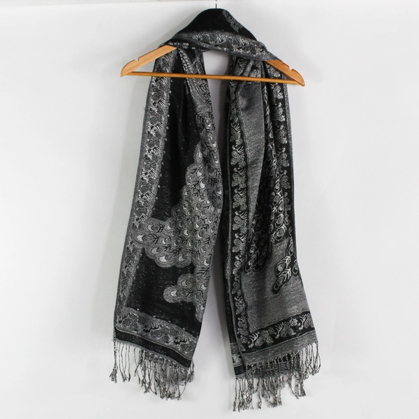 100% Pashmina Peacock Design Scarf Black and Shiny Gray with Fringe 28" by 72"