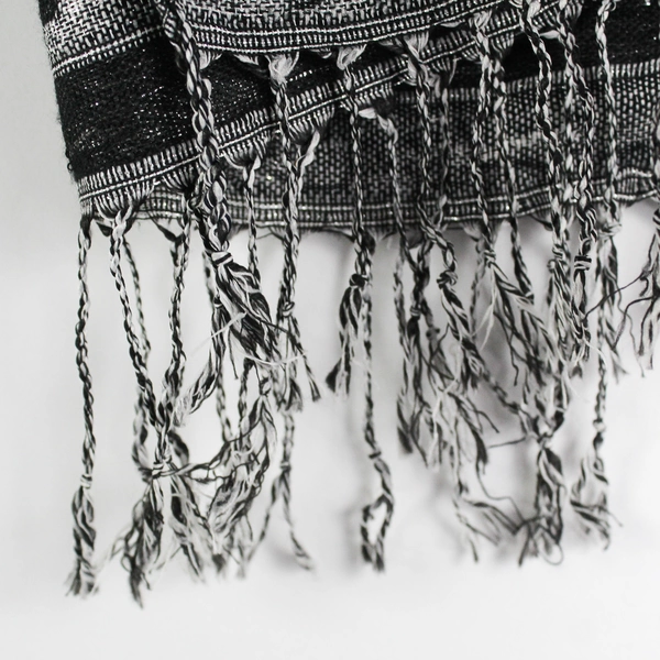100% Pashmina Peacock Design Scarf Black and Shiny Gray with Fringe 28" by 72"