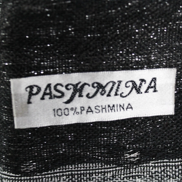 100% Pashmina Peacock Design Scarf Black and Shiny Gray with Fringe 28" by 72"