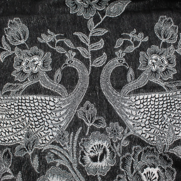 100% Pashmina Peacock Design Scarf Black and Shiny Gray with Fringe 28" by 72"