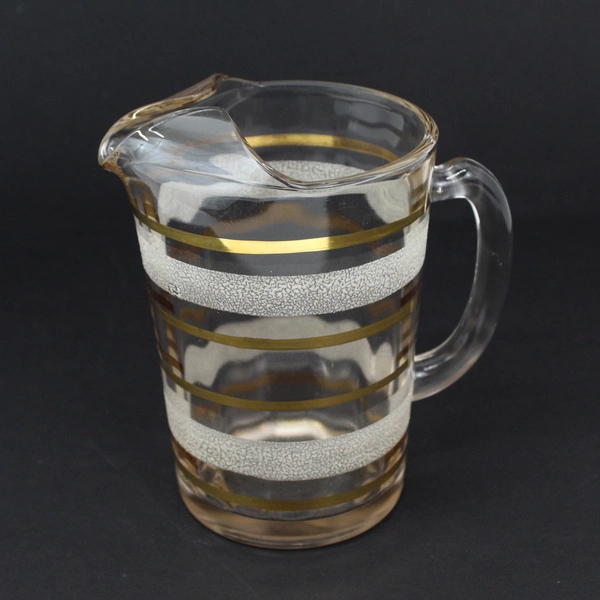 Vintage MCM Frosted Glass Pitcher With Frosted And Gold Bands And Ice Lip 7 "