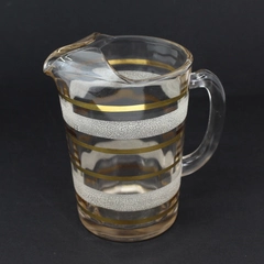 Vintage MCM Frosted Glass Pitcher With Frosted And Gold Bands And Ice Lip 7 "