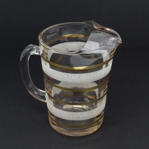 Vintage MCM Frosted Glass Pitcher With Frosted And Gold Bands And Ice Lip 7 "